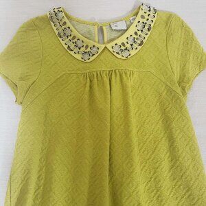 Anthropologie 9-HI5 STCL Chartreuse Peter Pan Beaded Collar Top Sequin XS Twee